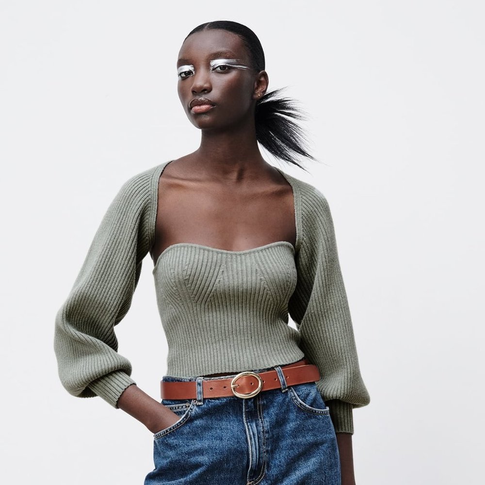 Zara Cropped Knit Top and Knit Arm Warmer Sweater Set in Green Size Small/Medium